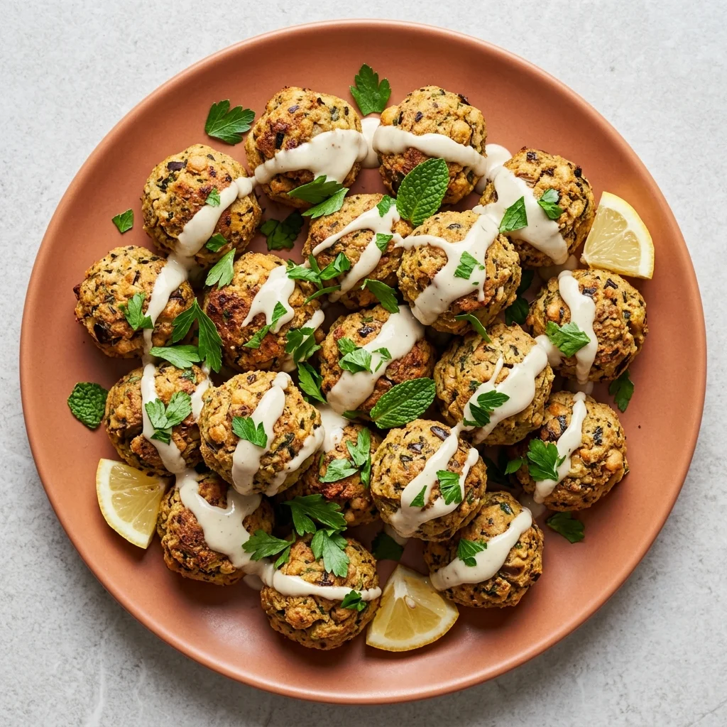 Vegan Eggplant Meatballs with Tahini Drizzle and Herbs