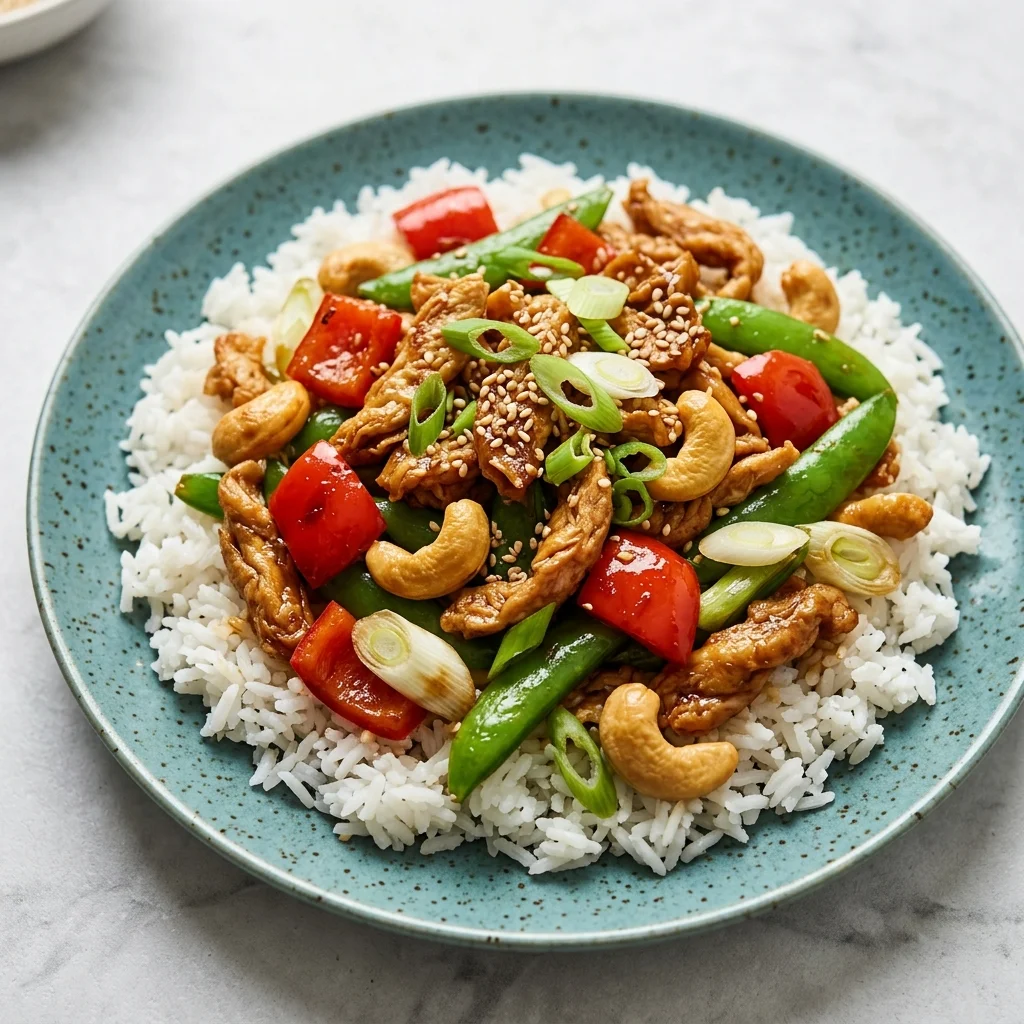 Vegan Cashew Chicken with Soy Curls