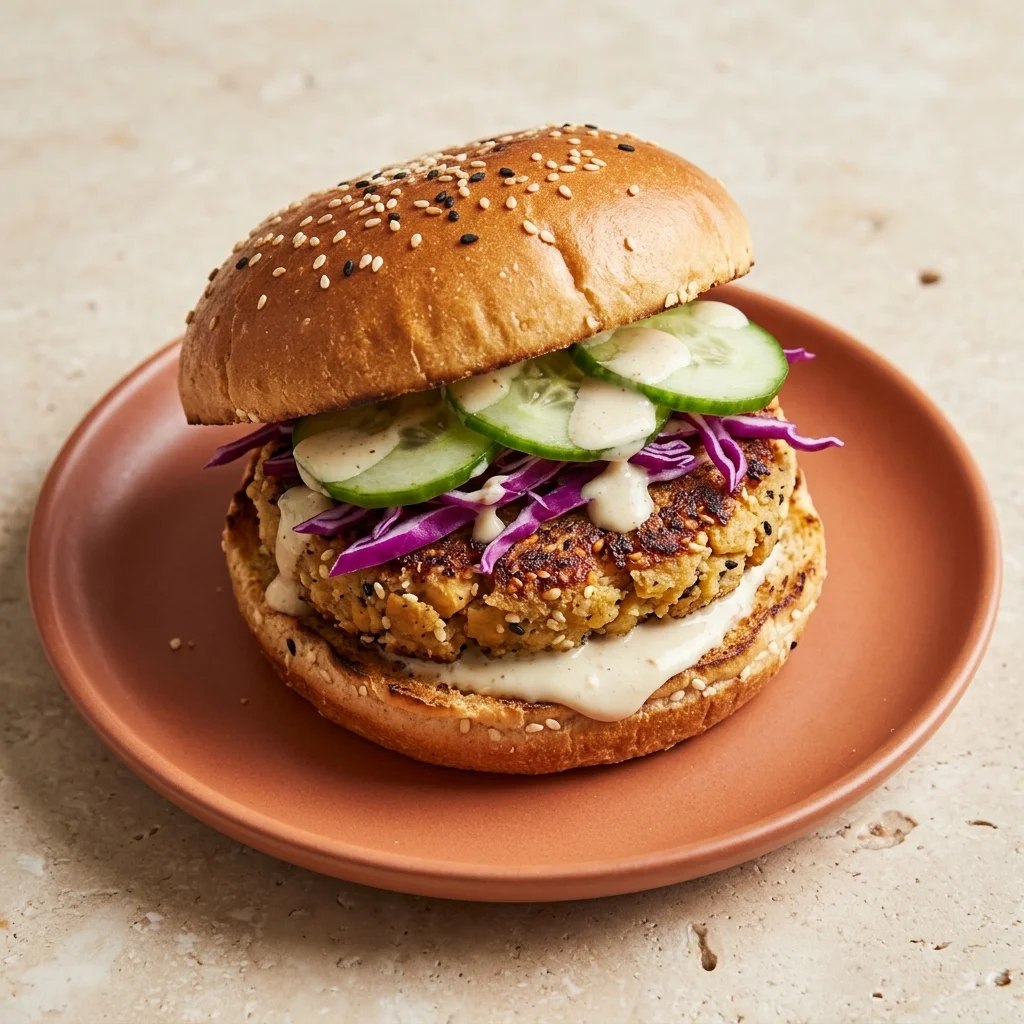 Vegan Creamy Sesame-Garlic Chickpea Burger