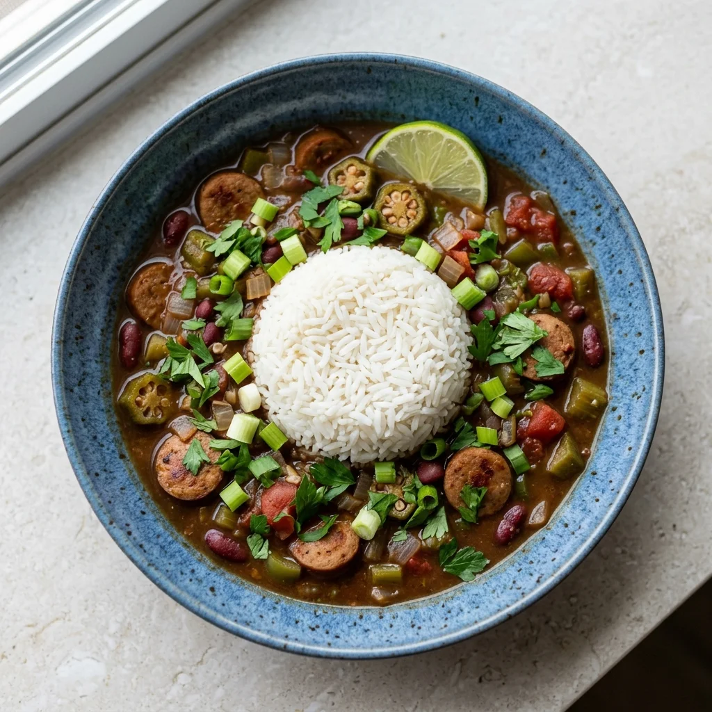 Vegan Cajun Gumbo with Lime and Fresh Herbs