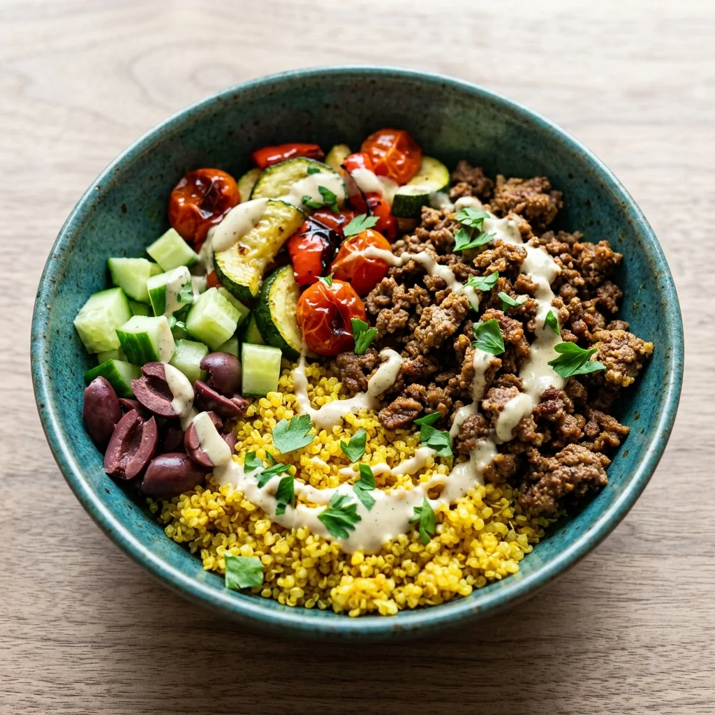 Mediterranean Beef Bowls with Turmeric Quinoa