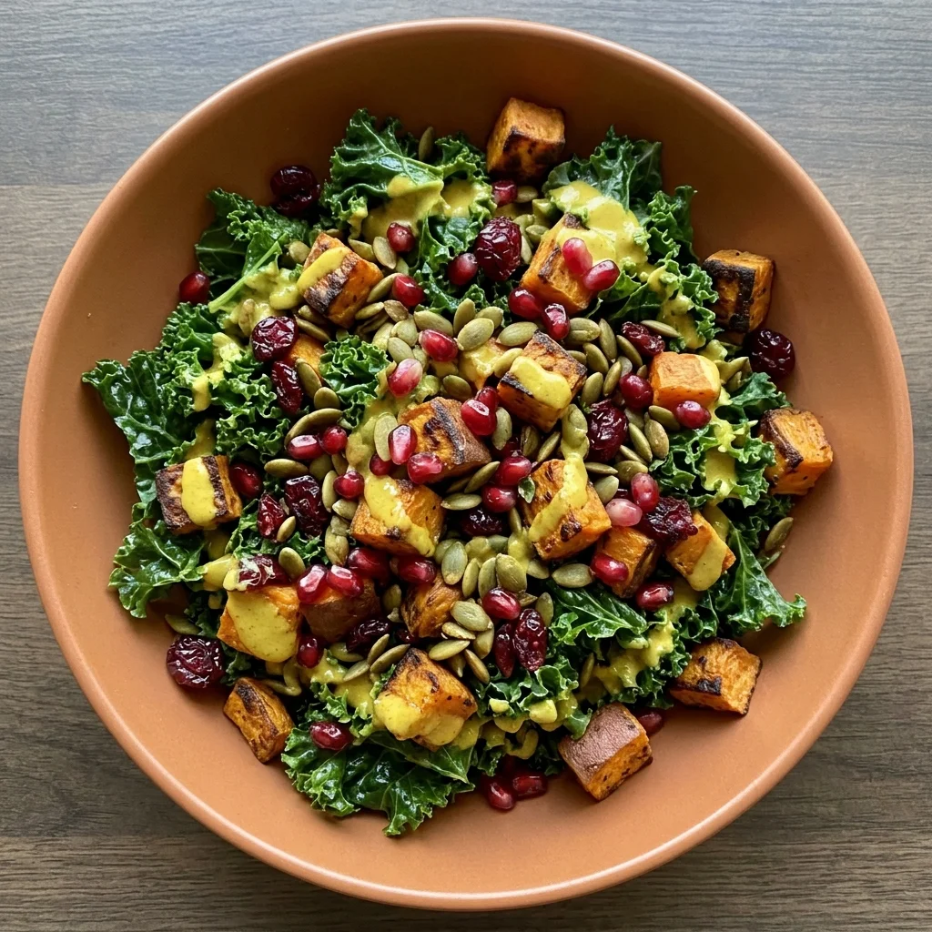 Roasted Sweet Potato and Kale Salad with Turmeric Tahini Dressing