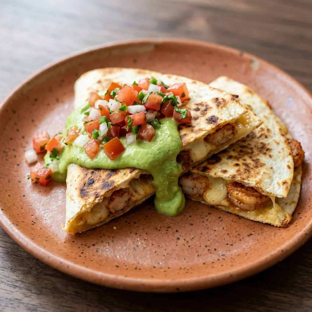 Avocado Crema Shrimp Quesadillas with Fresh Pico