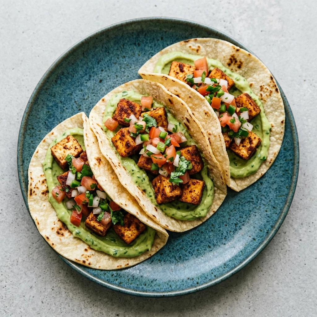 Avocado Crema Tofu Tacos with Fresh Pico