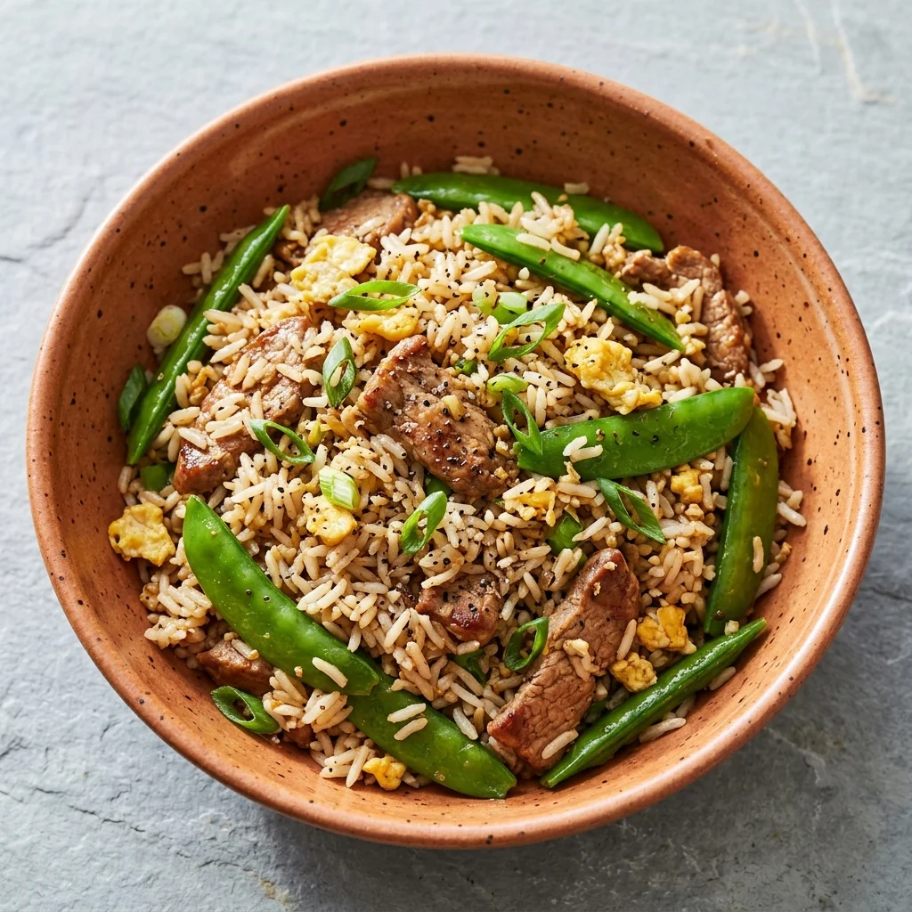 Black Pepper Pork Fried Rice with Snow Peas