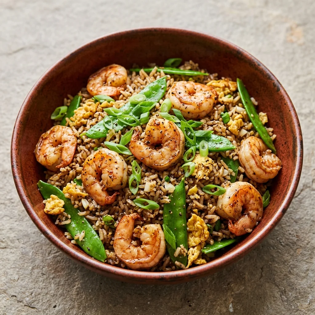 Black Pepper Shrimp Fried Rice with Snow Peas