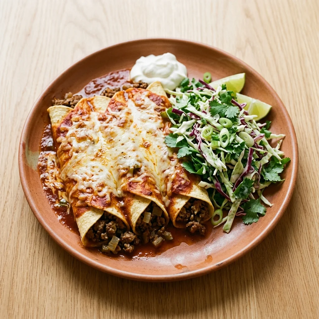 Pickled Jalapeño Beef Enchiladas with Cilantro Slaw