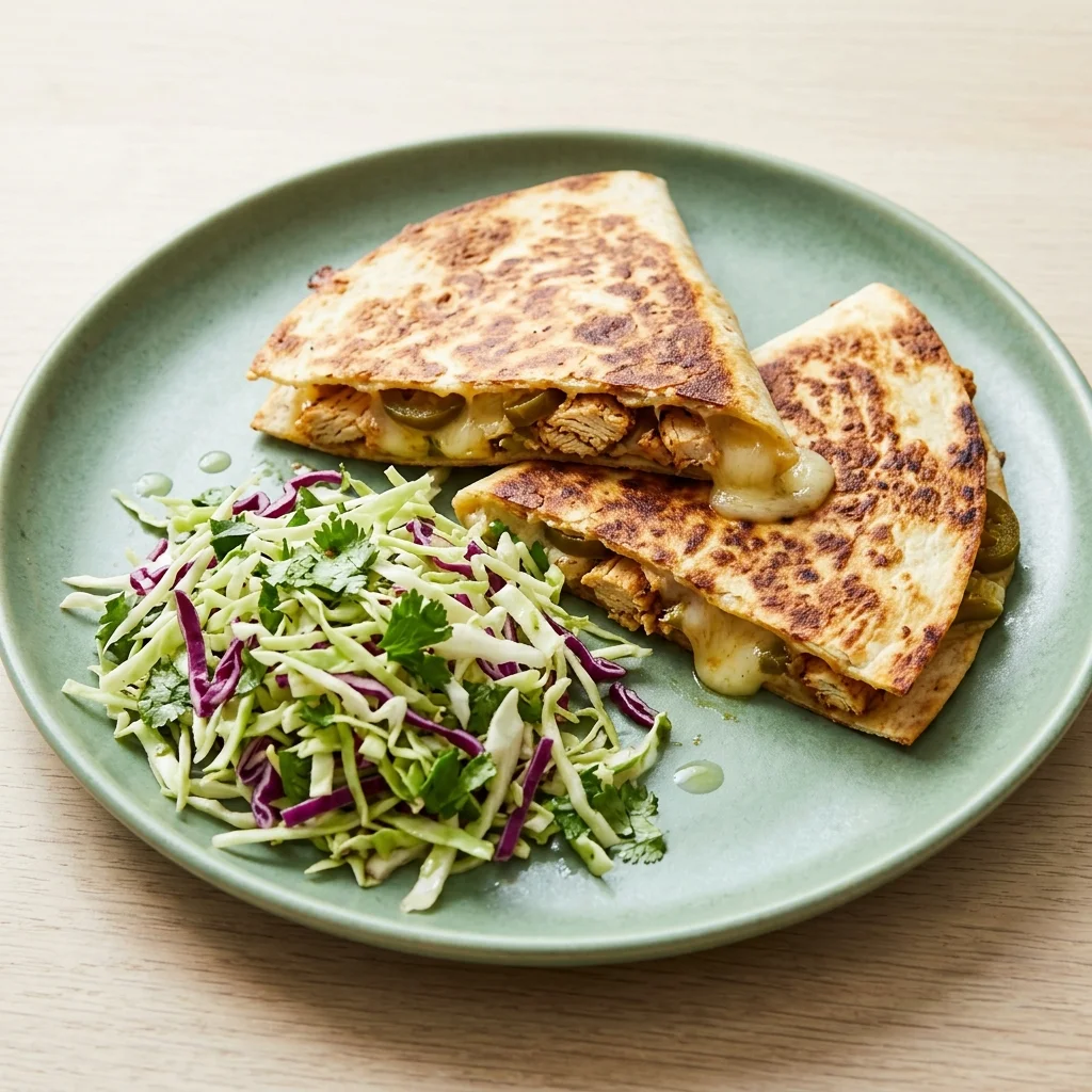 Pickled Jalapeño Chicken Quesadillas with Cilantro Slaw