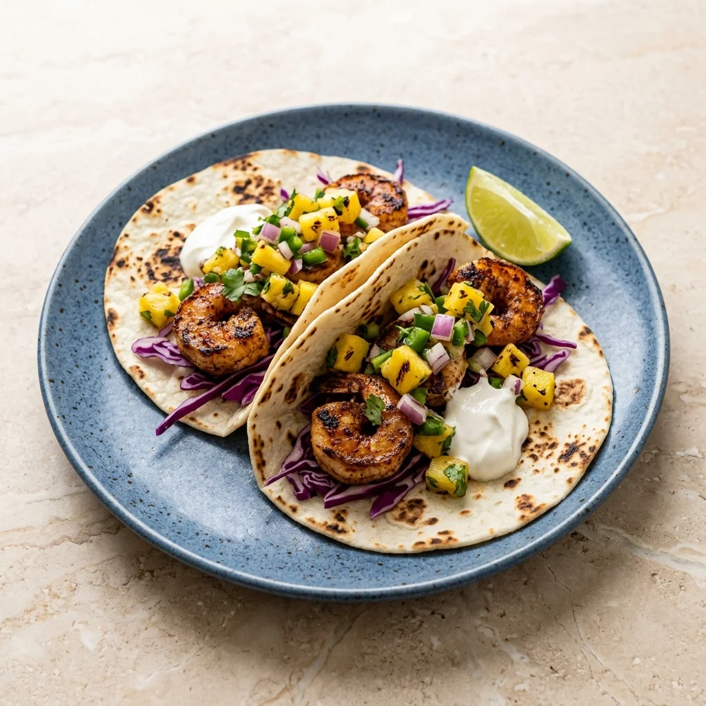 Pineapple Salsa Shrimp Tacos with Charred Pineapple