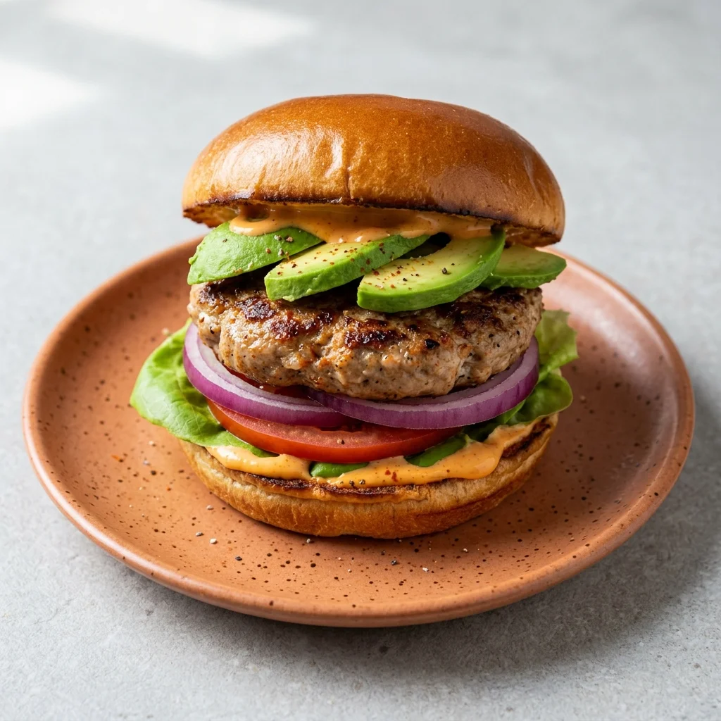 Turkey Burger with Avocado and Sriracha Mayo