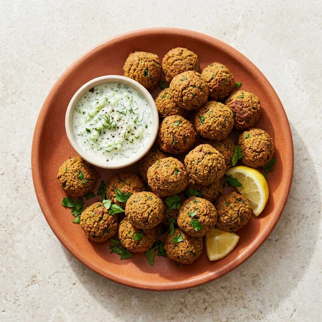 Vegan Mini Falafel with Cucumber Herb Sauce