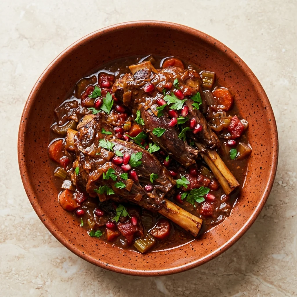 Herb-Braised Lamb Shanks with Pomegranate and Red Grape Juice