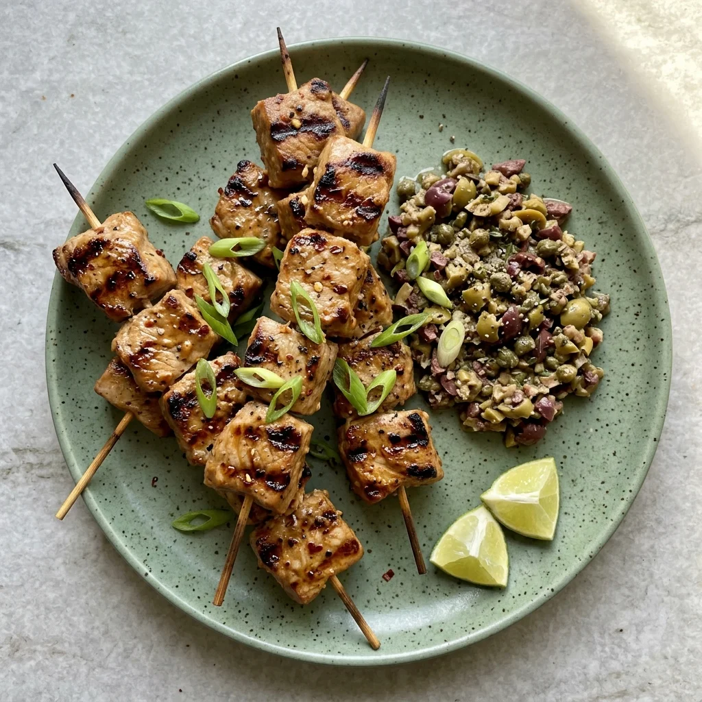 Peanut-Lime Pork Skewers with Olive Tapenade