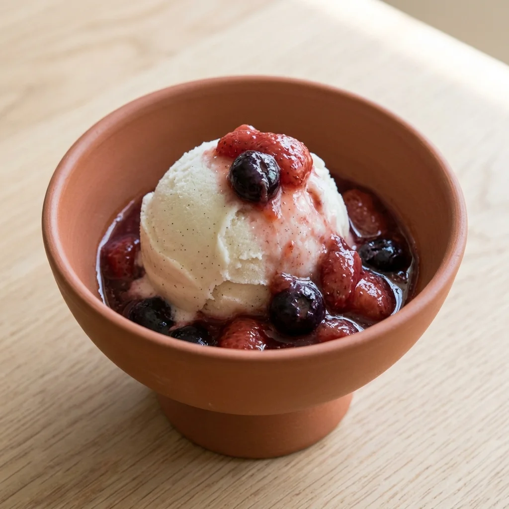 Vanilla Bean Sorbet with Strawberry-Blueberry Compote