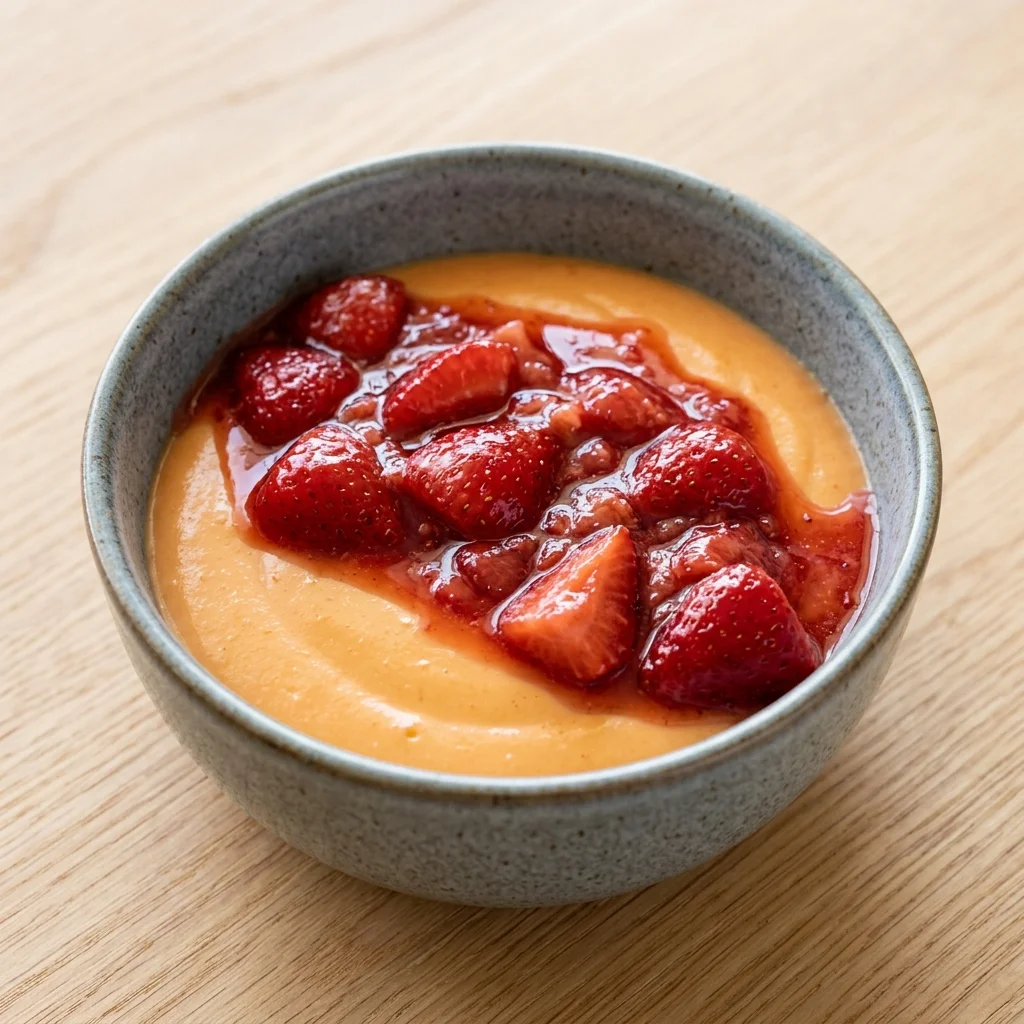 Silky Orange Pudding with Strawberry Compote