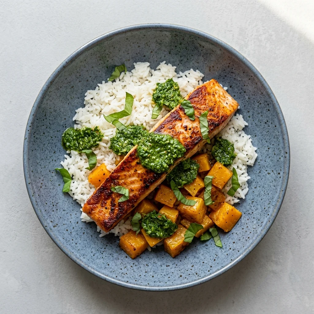 Herb Salmon Rice Bowl with Roasted Butternut Squash
