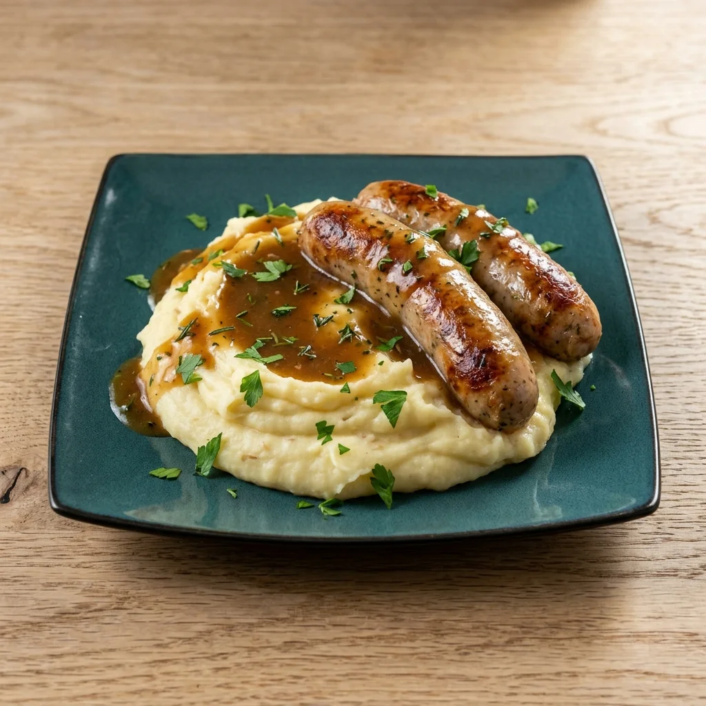British Bangers and Mash with Herb Gravy