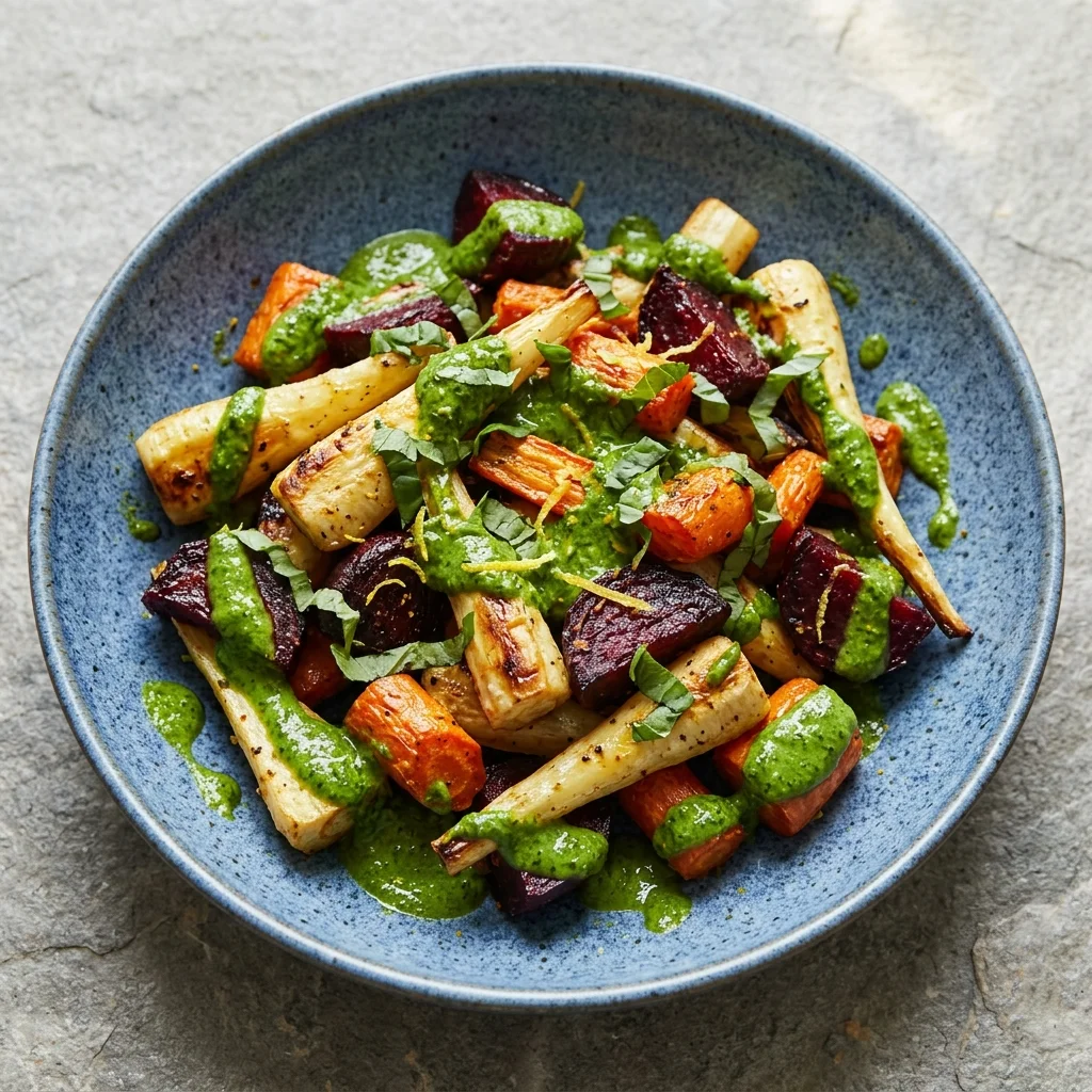 Roasted Root Vegetable Salad with Basil-Herb Sauce