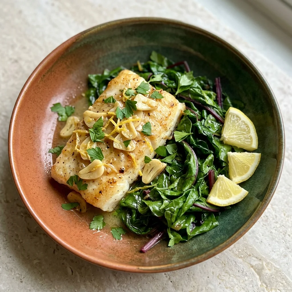 Lemon Garlic Wild Fish with Sautéed Beet Greens