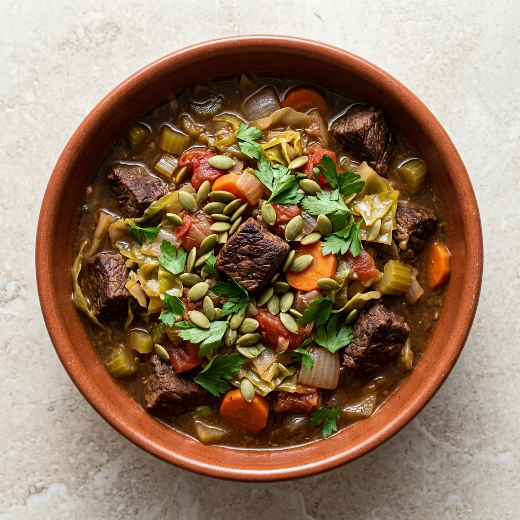 Beef & Cabbage Stew with Pumpkin Seeds
