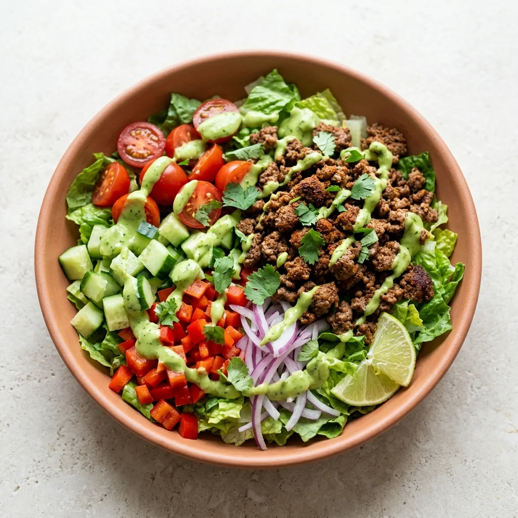 Ground Beef Taco Salad Bowl with Avocado Lime Dressing