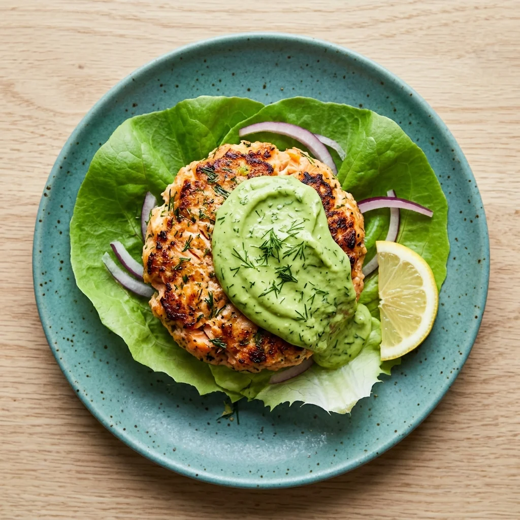 Paleo Lemon-Dill Salmon Burgers with Avocado Crema