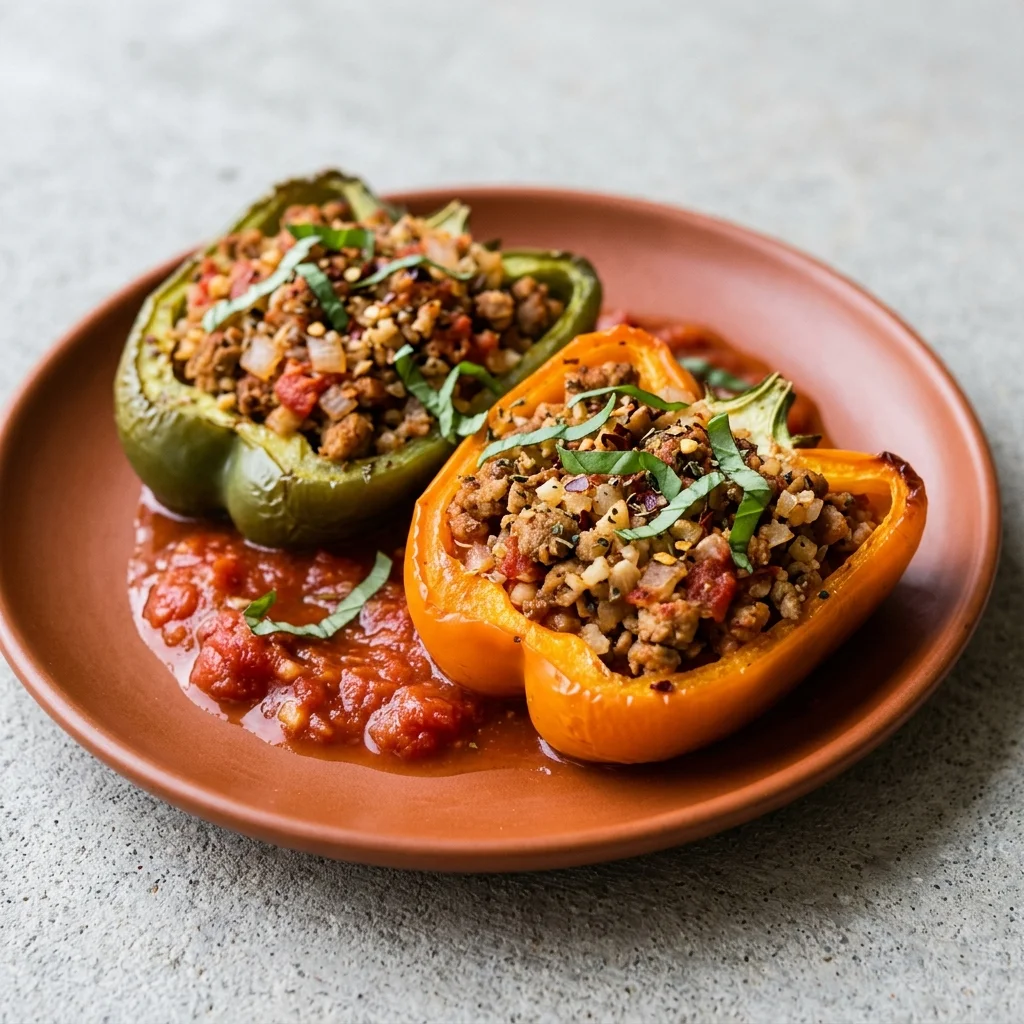 Paleo Turkey Stuffed Peppers with Marinara & Basil