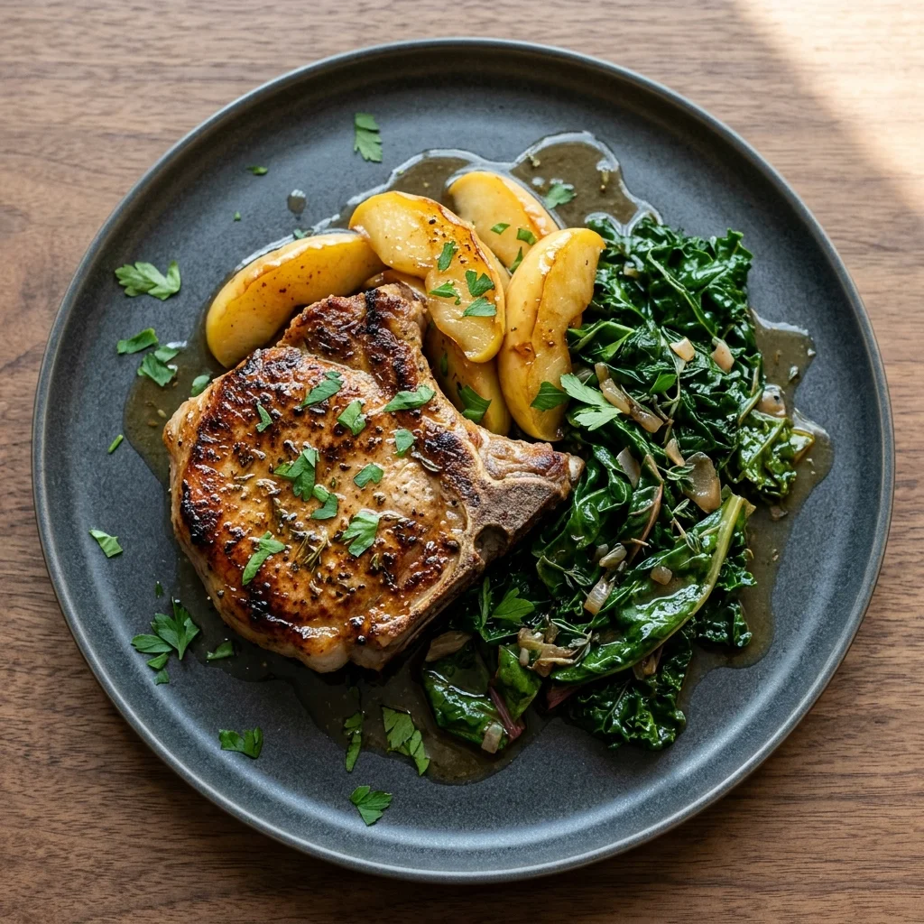 Whole30 Garlic-Herb Pork Chops with Apples and Greens