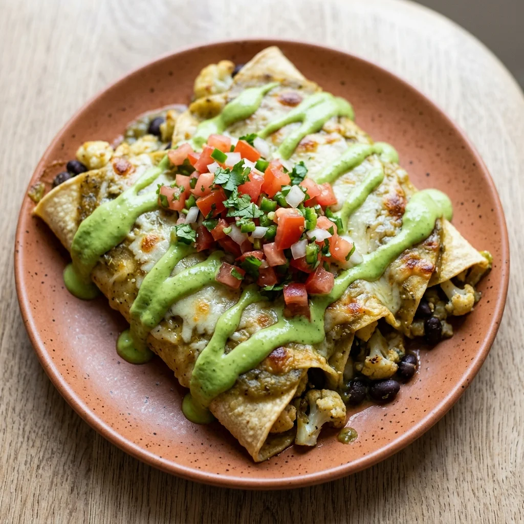 Avocado Crema Cauliflower Enchiladas with Fresh Pico