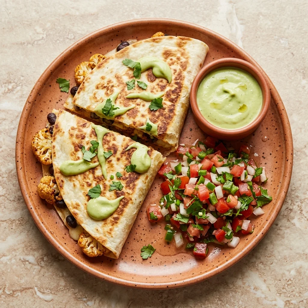 Avocado Crema Cauliflower Quesadillas with Fresh Pico