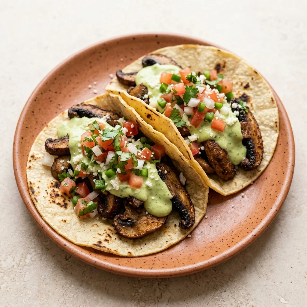 Avocado Crema Mushroom Tacos with Fresh Pico