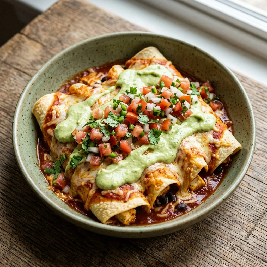 Avocado Crema Paneer Enchiladas with Fresh Pico
