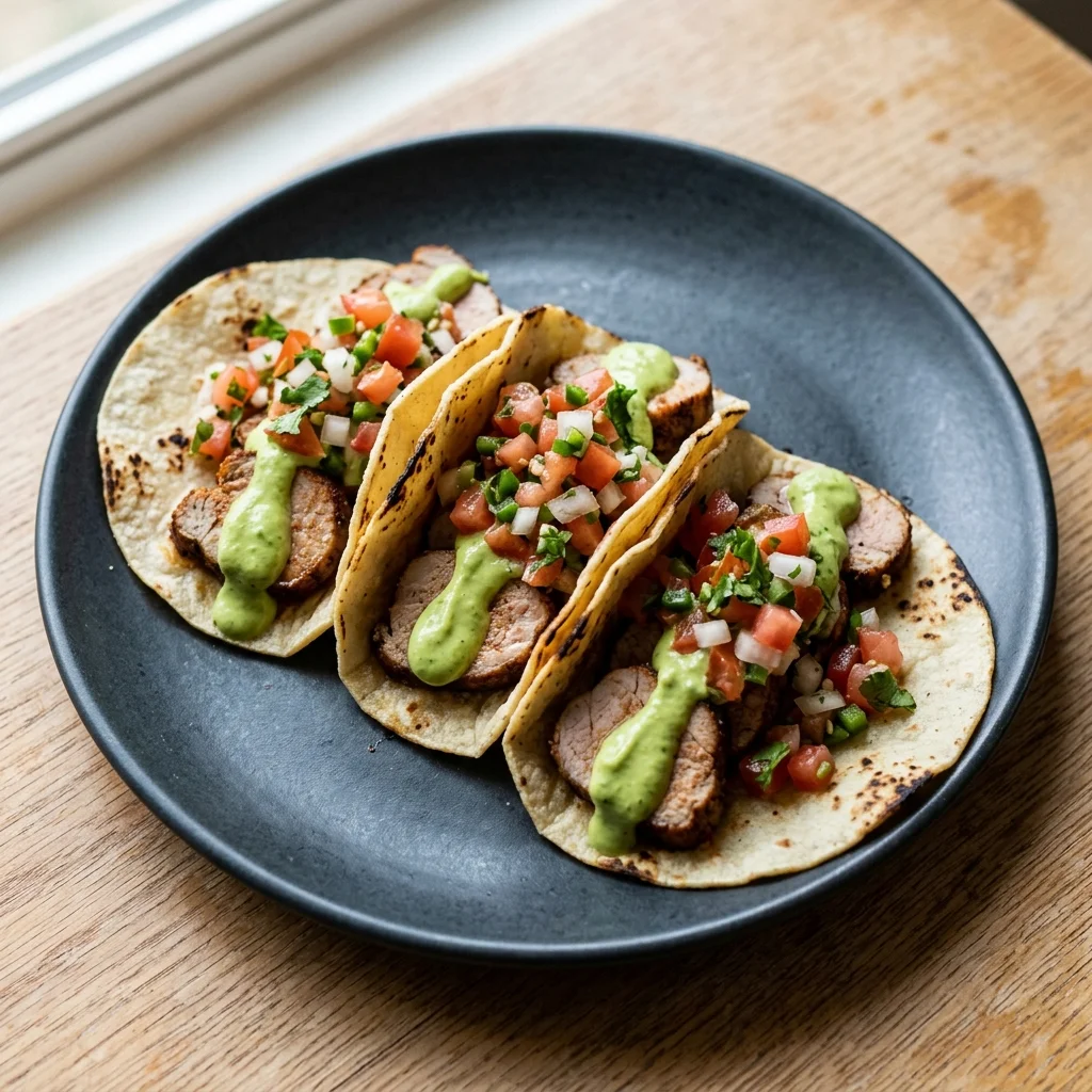 Avocado Crema Pork Tacos with Fresh Pico