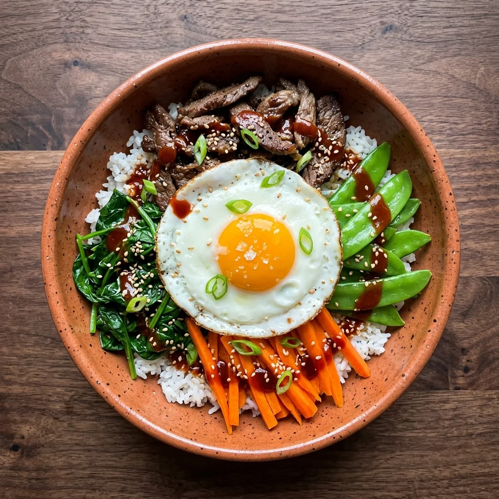 Black Pepper Beef Bibimbap with Snow Peas