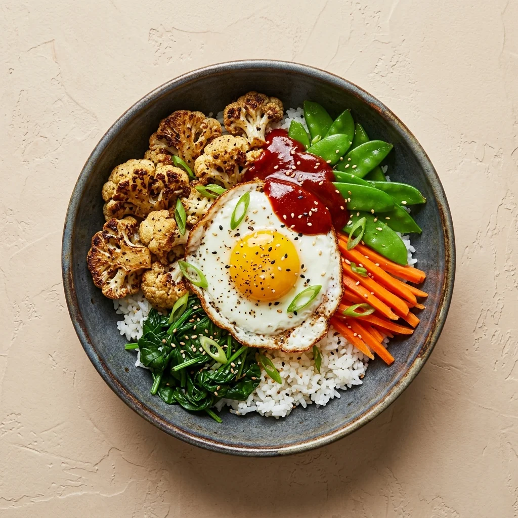 Black Pepper Cauliflower Bibimbap with Snow Peas