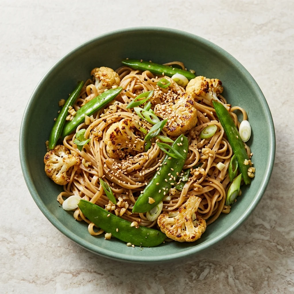 Black Pepper Cauliflower Noodle Bowls with Snow Peas