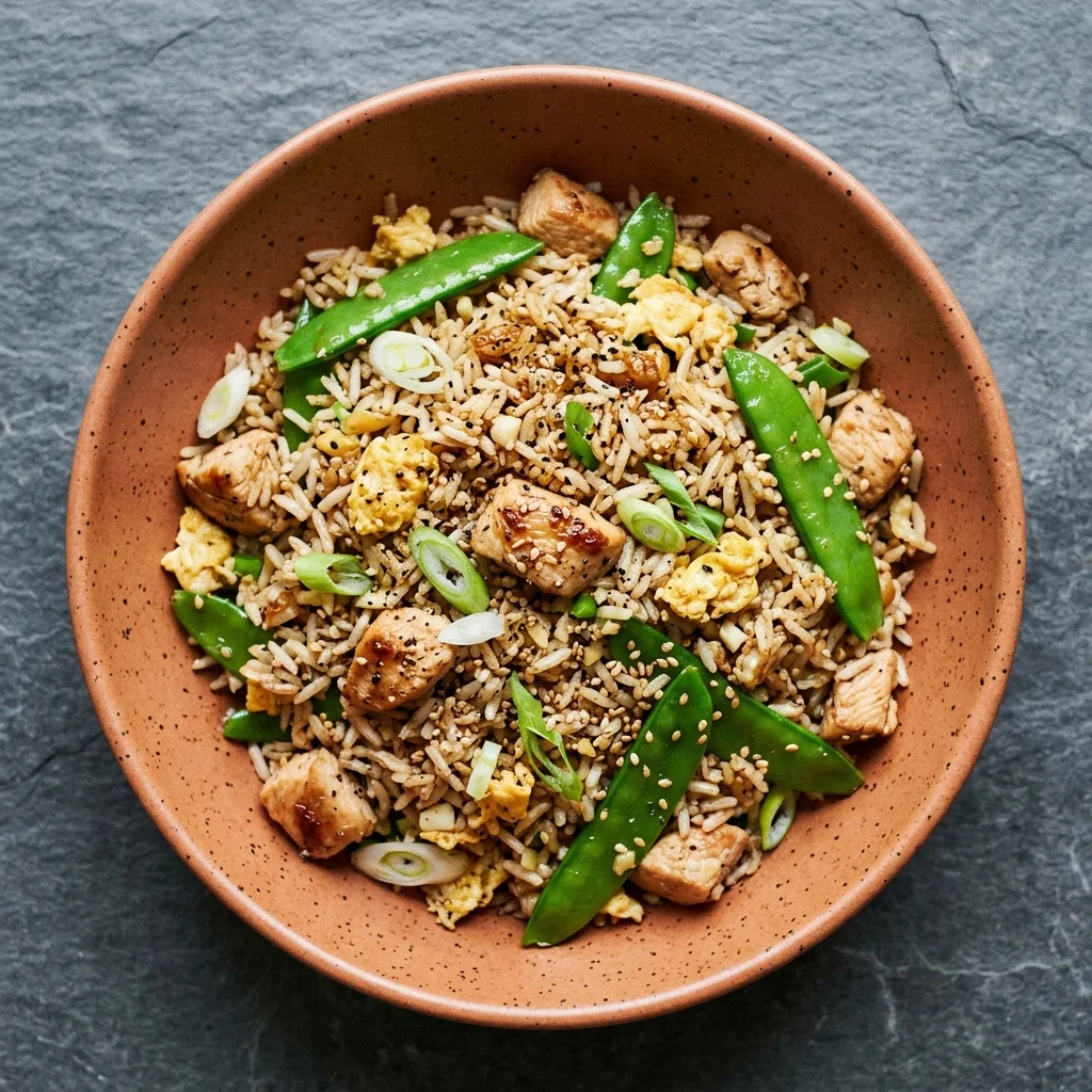 Black Pepper Chicken Fried Rice with Snow Peas