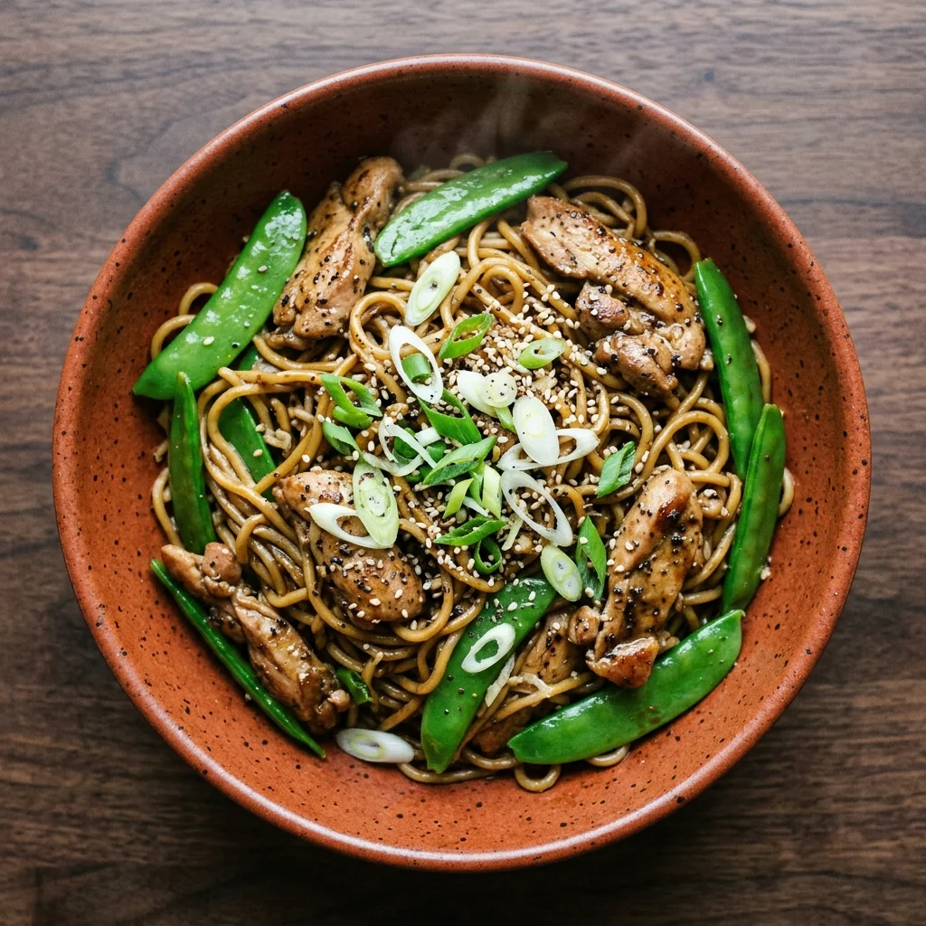 Black Pepper Chicken Noodle Bowls with Snow Peas