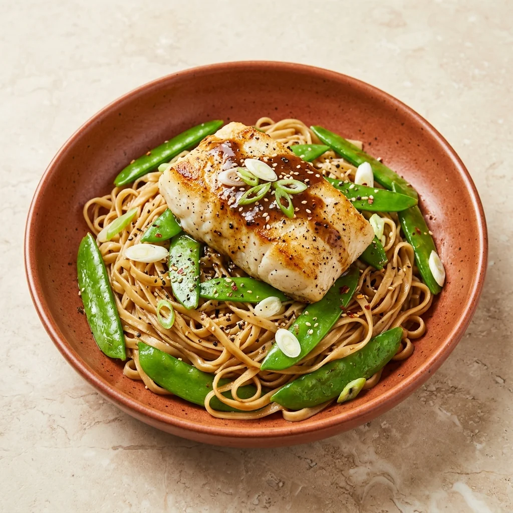 Black Pepper Cod Noodle Bowls with Snow Peas