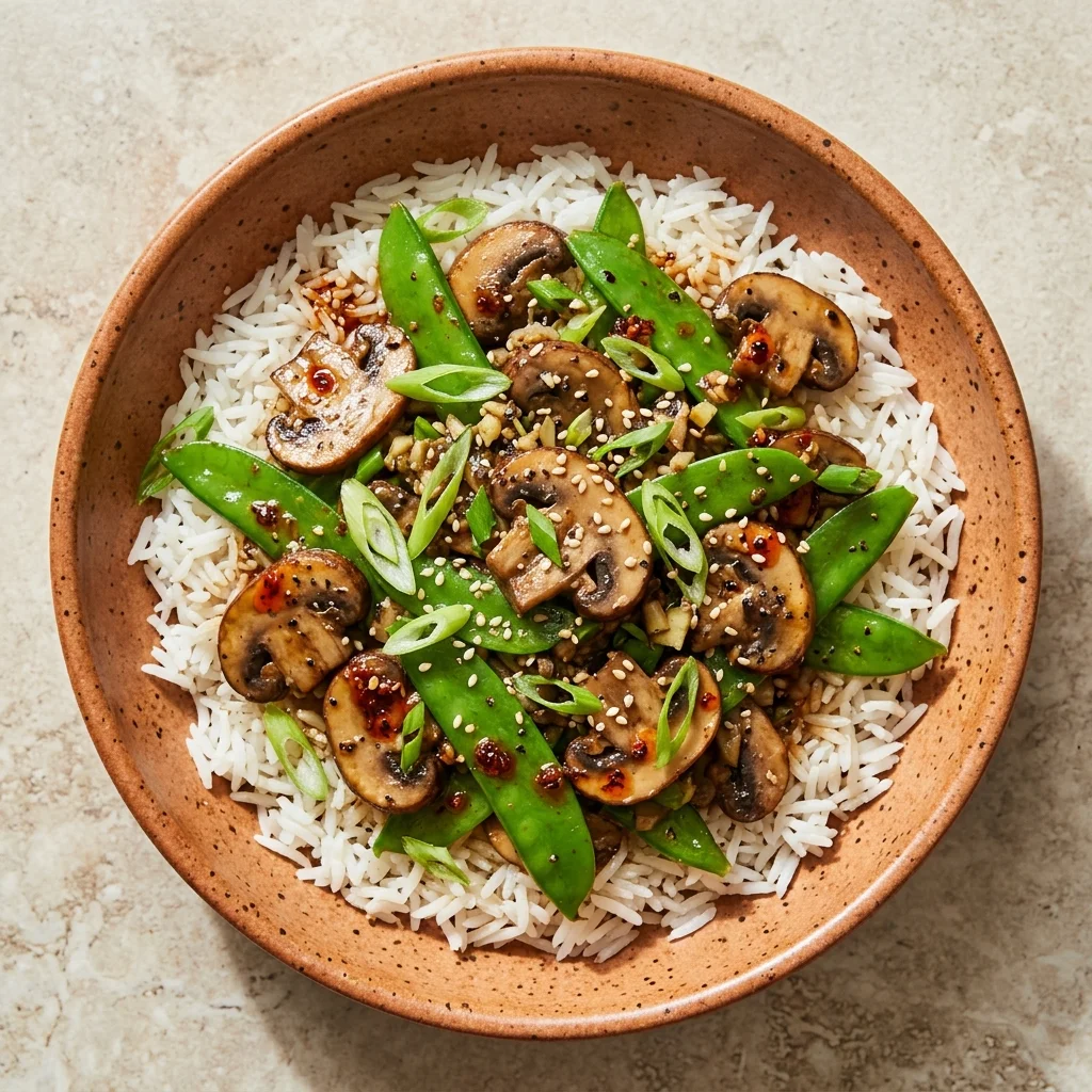 Black Pepper Mushroom Rice Bowls with Snow Peas