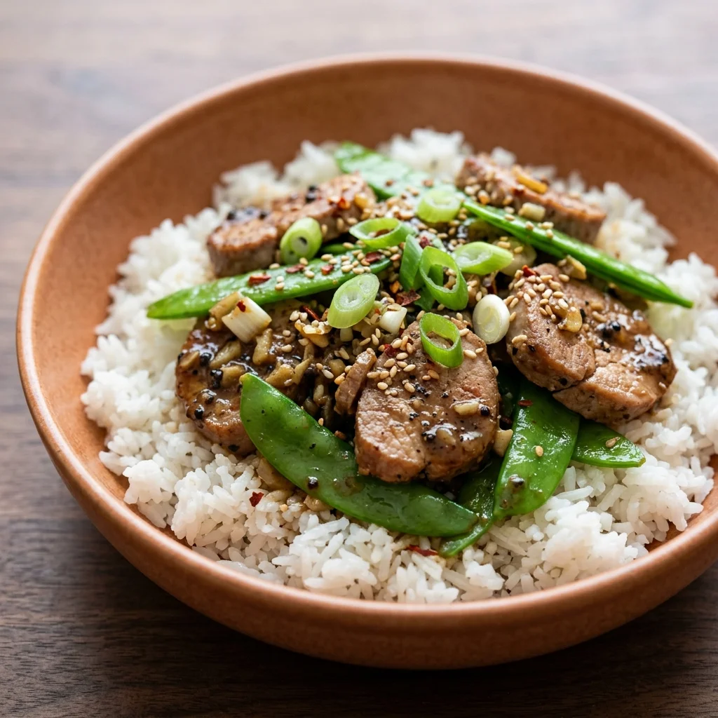 Black Pepper Pork Rice Bowls with Snow Peas