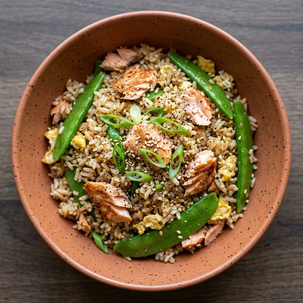 Black Pepper Salmon Fried Rice with Snow Peas