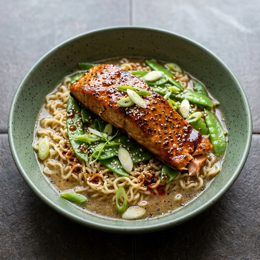 Black Pepper Salmon Noodle Bowls with Snow Peas