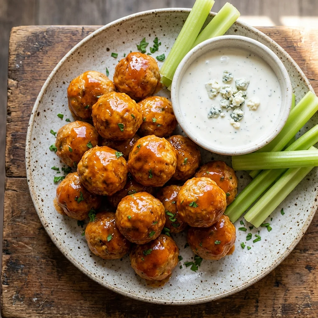 Buffalo Mushroom Meatballs with Blue Cheese