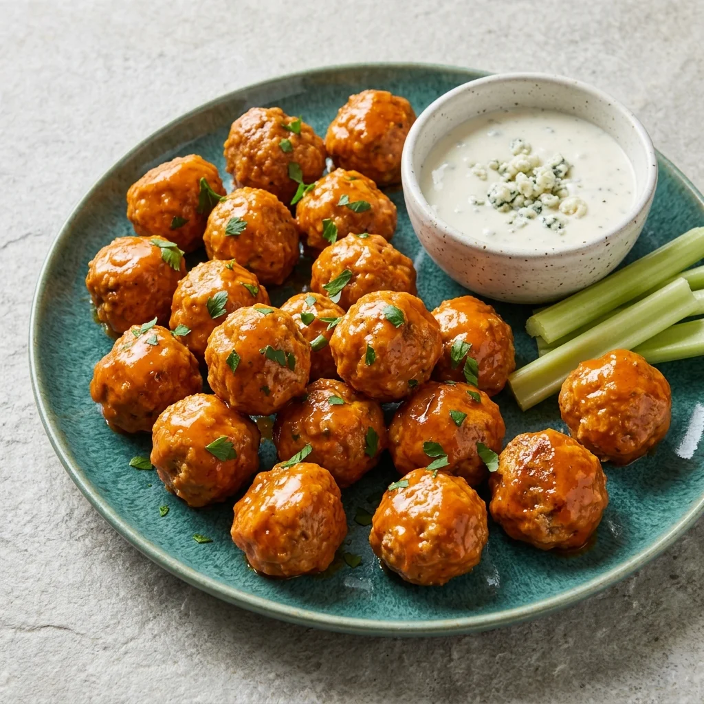 Buffalo Pork Meatballs with Blue Cheese