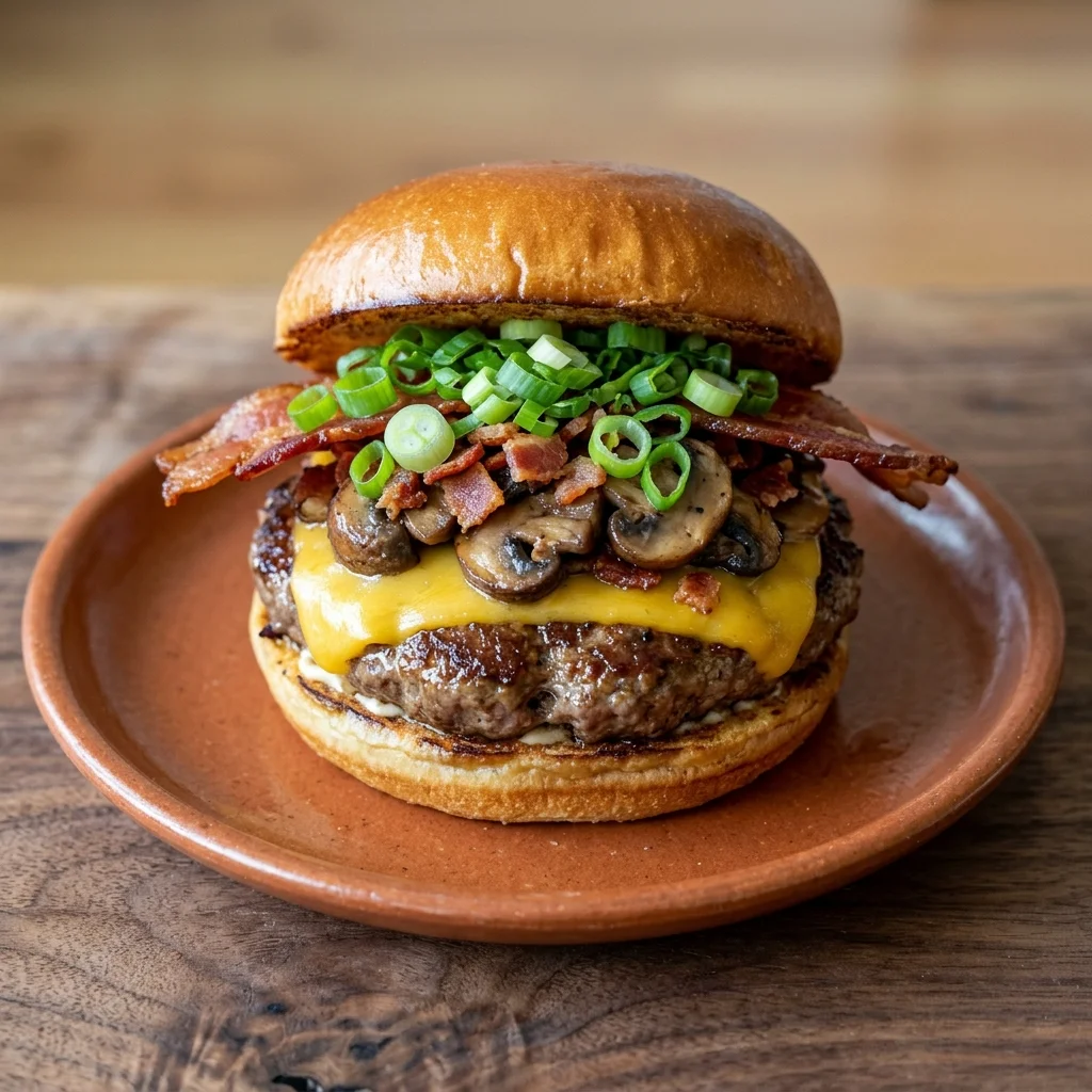 Cheddar Bacon Mushroom Burgers with Scallions