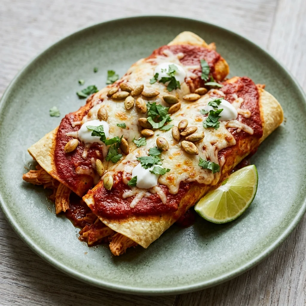 Cumin-Coriander Chicken Enchiladas with Toasted Pepitas