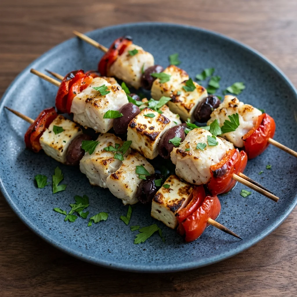 Feta-Olive Cod Kebabs