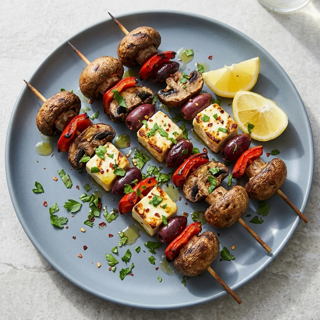 Feta-Stuffed Mushroom Kebabs with Olives