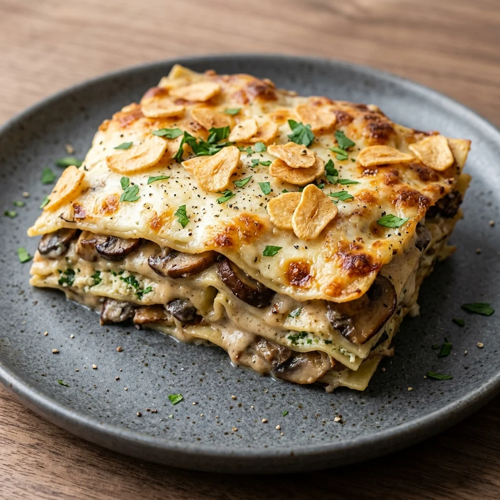 Garlic Parmesan Mushroom Lasagna with Crispy Garlic